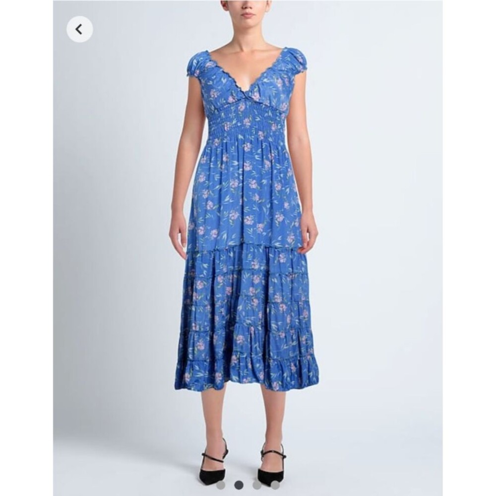Iconique Women's Blue Floral Midi Polysilk Sun Dress SZ L Made in Italy